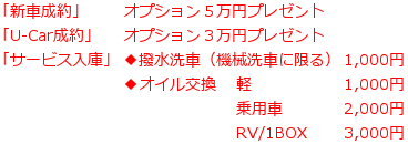 「新車成約」　オプション5万円プレゼント、「U-Car成約」　オプション3万円プレゼント、「サービス入庫」　◆撥水洗車（機械洗車に限る）：1,000円、◆オイル交換：軽1,000円、乗用車2,000円、RV/1BOX3,000円