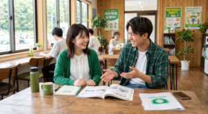 笑顔で教習本を見ながら話している若い日本の男女の大学生