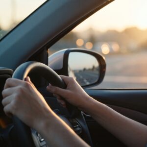 技能教習中に車のハンドルを握る手元と、後方の道路がしっかり映るサイドミラーのクロースアップ。落ち着いた清潔感のある雰囲気。