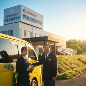 北海道伊達市の教習車内で笑顔を見せる若い教習生と親切な指導員