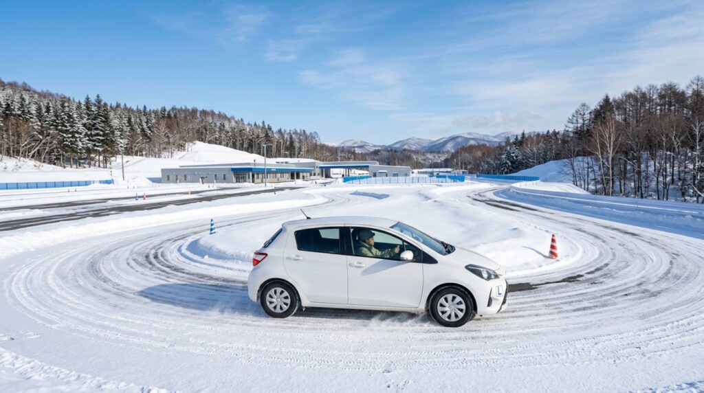 冬道安全運転講習で雪道コースを走行する伊達自動車学校の教習車