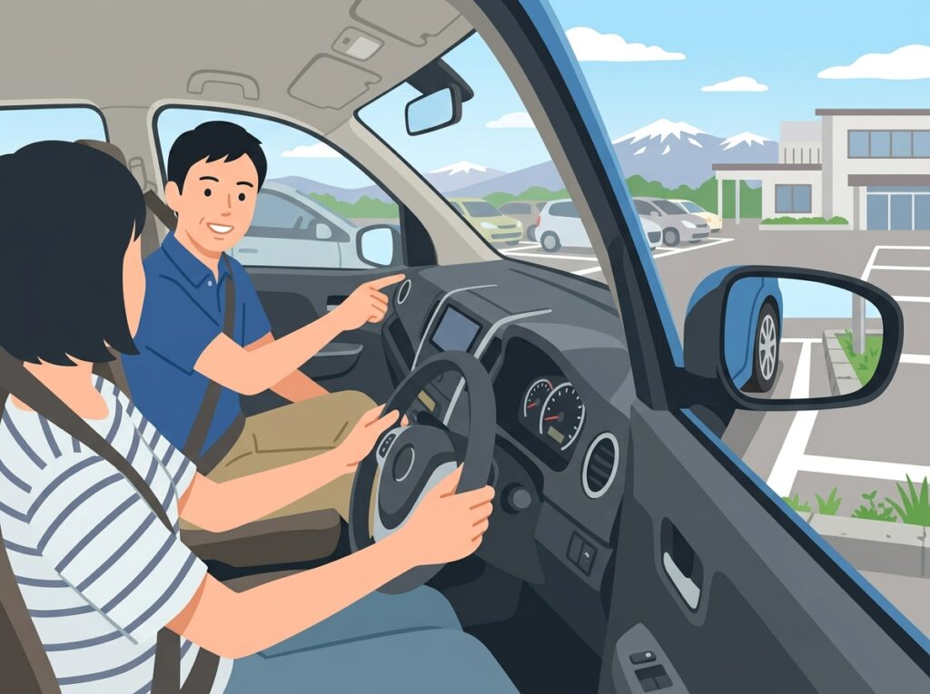 方向転換でサイドミラーを見ながら後退する車内の様子