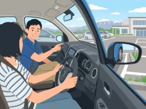 方向転換でサイドミラーを見ながら後退する車内の様子