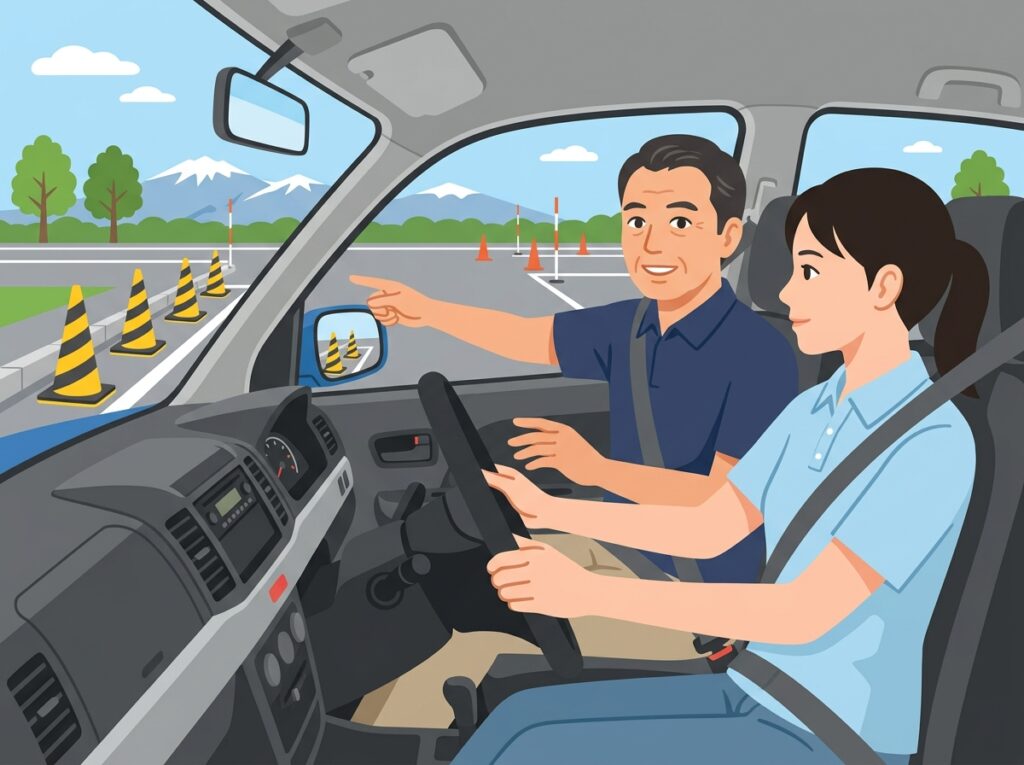 縦列駐車の教習中に指導員とサイドミラーの目印を確認する車内の様子