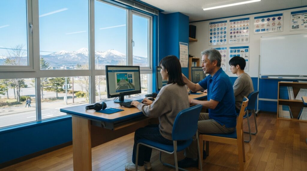 効果測定の学科勉強を行う教習所の学習スペース（伊達自動車学校）