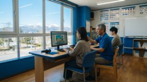 効果測定の学科勉強を行う教習所の学習スペース（伊達自動車学校）