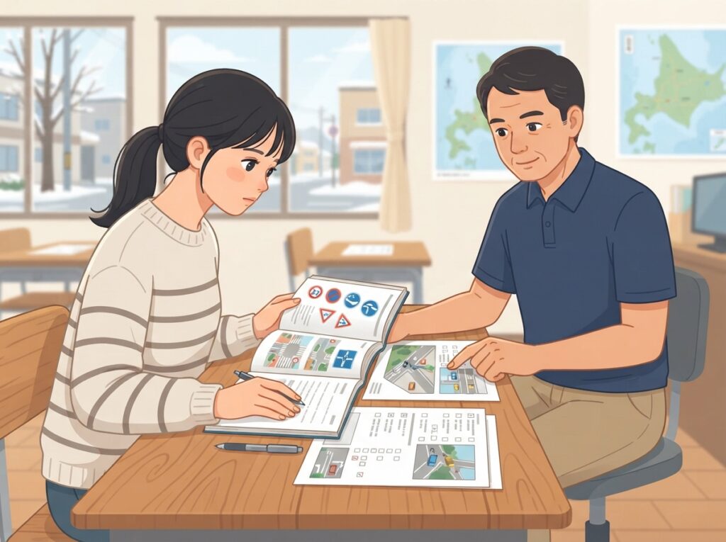 効果測定の問題用紙と解説テキストを開いて復習する様子