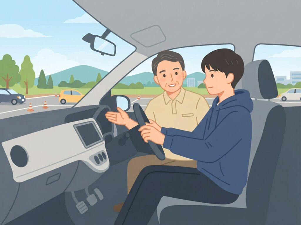 伊達自動車学校の車内技能教習を受ける学生