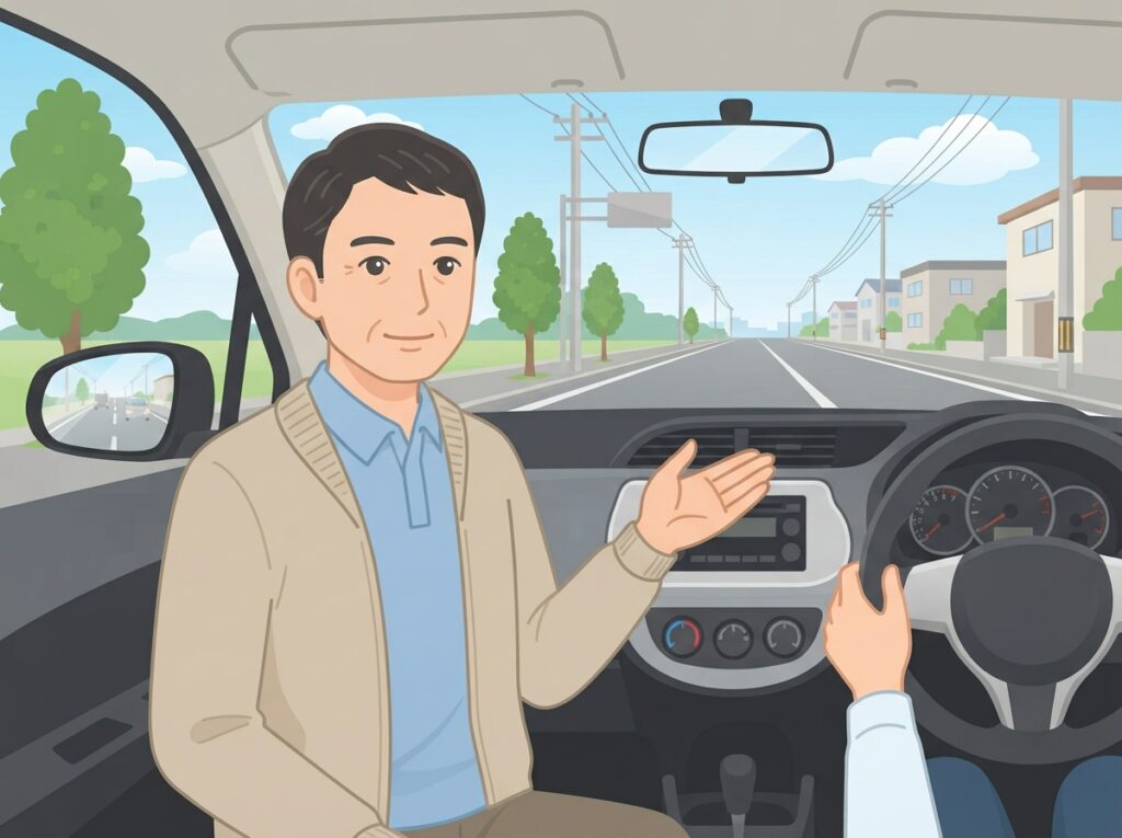 伊達自動車学校の車内技能教習とインストラクターの指導風景