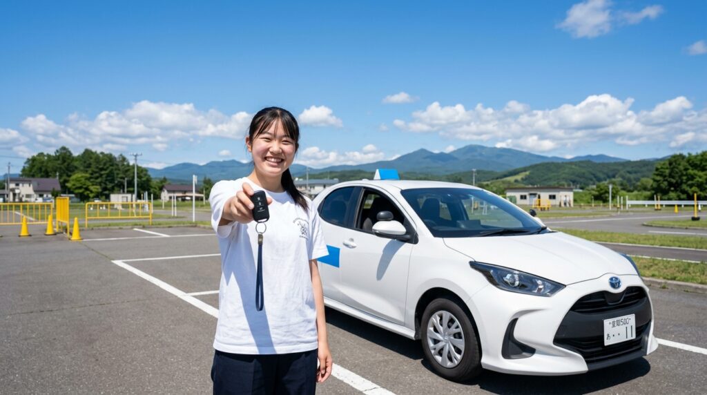 伊達自動車学校で免許取得を目指す教習生と教習車