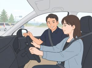 路上教習中に指導員から安全確認のアドバイスを受ける様子