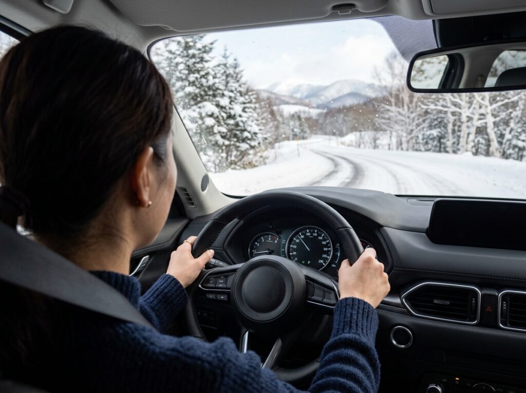 雪道運転でスリップを防ぐ丁寧なハンドル操作の様子