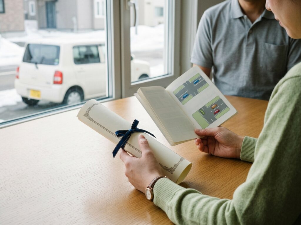 教習所の卒業証明書と運転免許試験の学習テキスト｜伊達