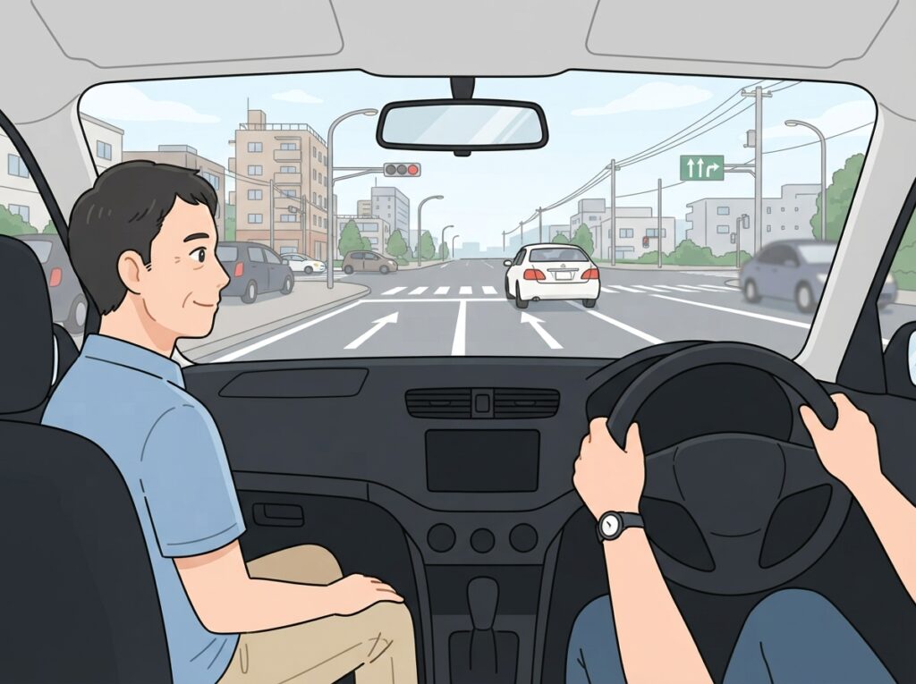 運転席から対向車の速度と距離を見極める様子