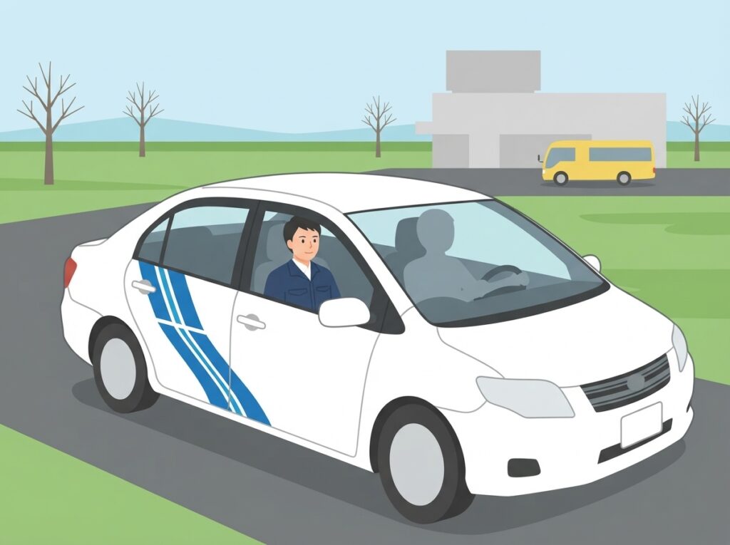 伊達自動車学校の所内コースを走行する普通車AT教習車