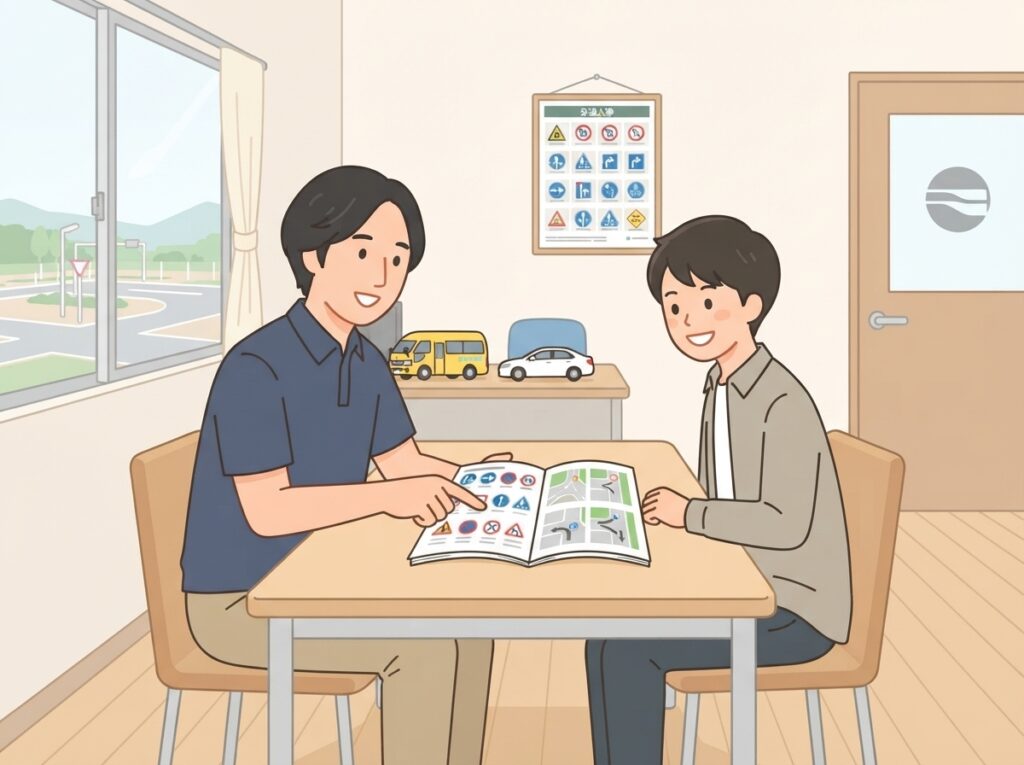 伊達自動車学校の窓口で教習生に手続きを説明する指導員