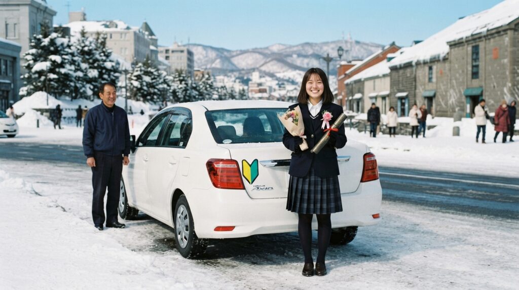 4月の新生活に向けて小樽で運転免許取得を目指す教習生と教習車