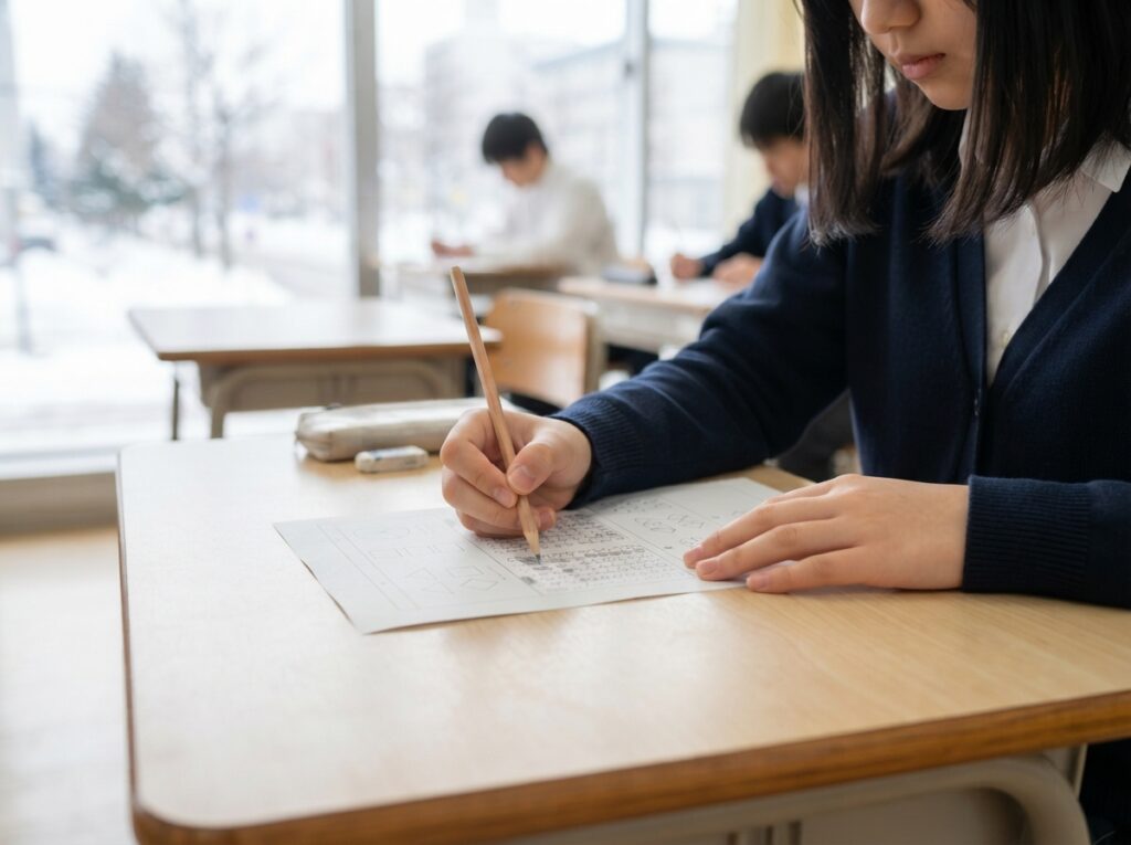 自動車学校の入校初日に受ける運転適性検査のペーパーテスト風景