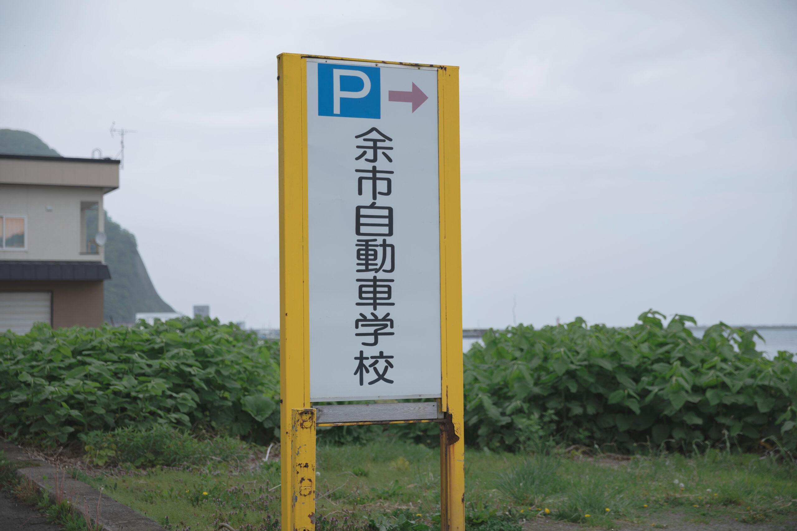 余市自動車学校の案内看板と秋の風景