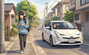 車の接近に気づかない歩行者