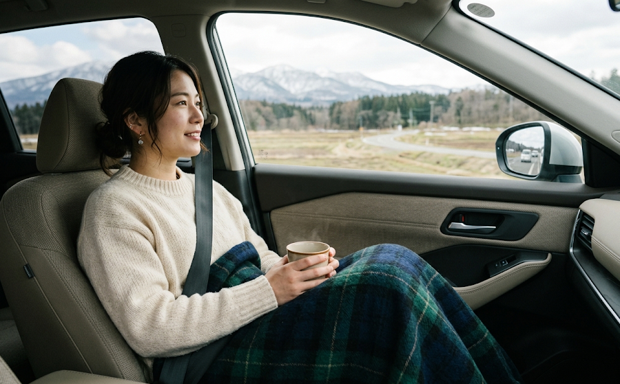 車内でひざ掛けをして暖かい飲み物を飲む人