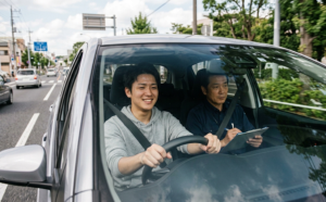 指導を受けながら路上を走行する教習生
