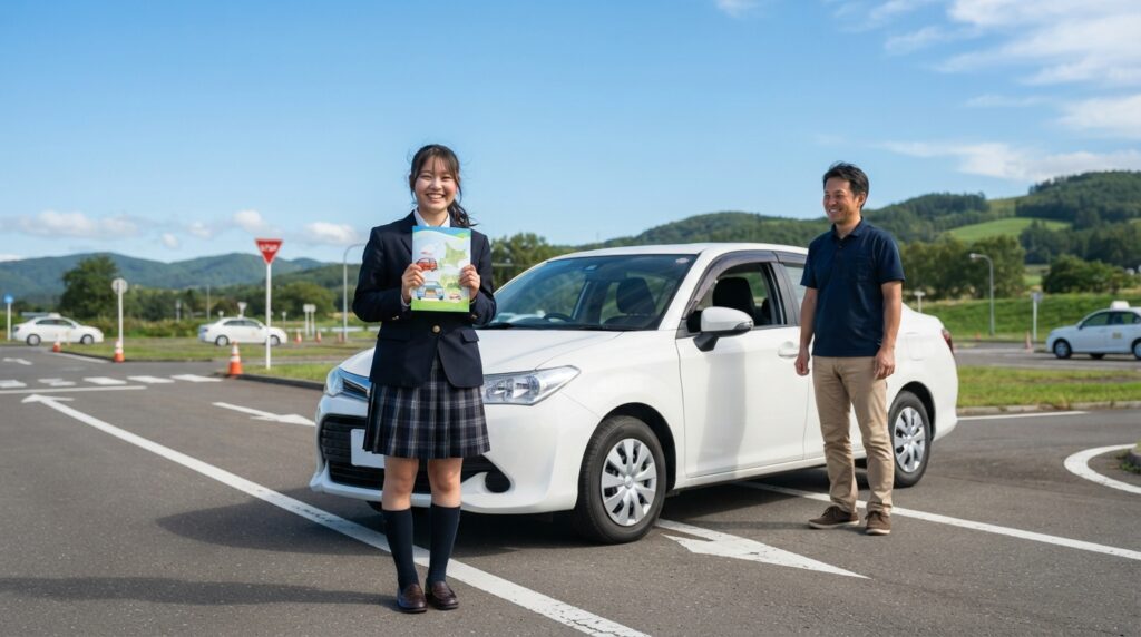 教習所の学割について笑顔で調べる学生と余市自動車学校の教習車