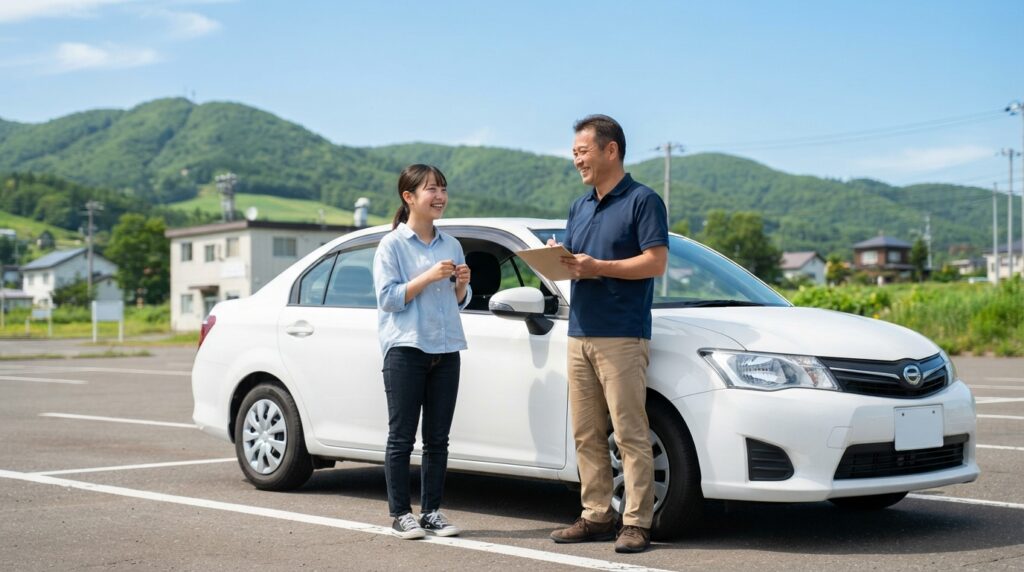 余市自動車学校の教習車と指導員・笑顔の教習生