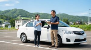 余市自動車学校の教習車と指導員・笑顔の教習生
