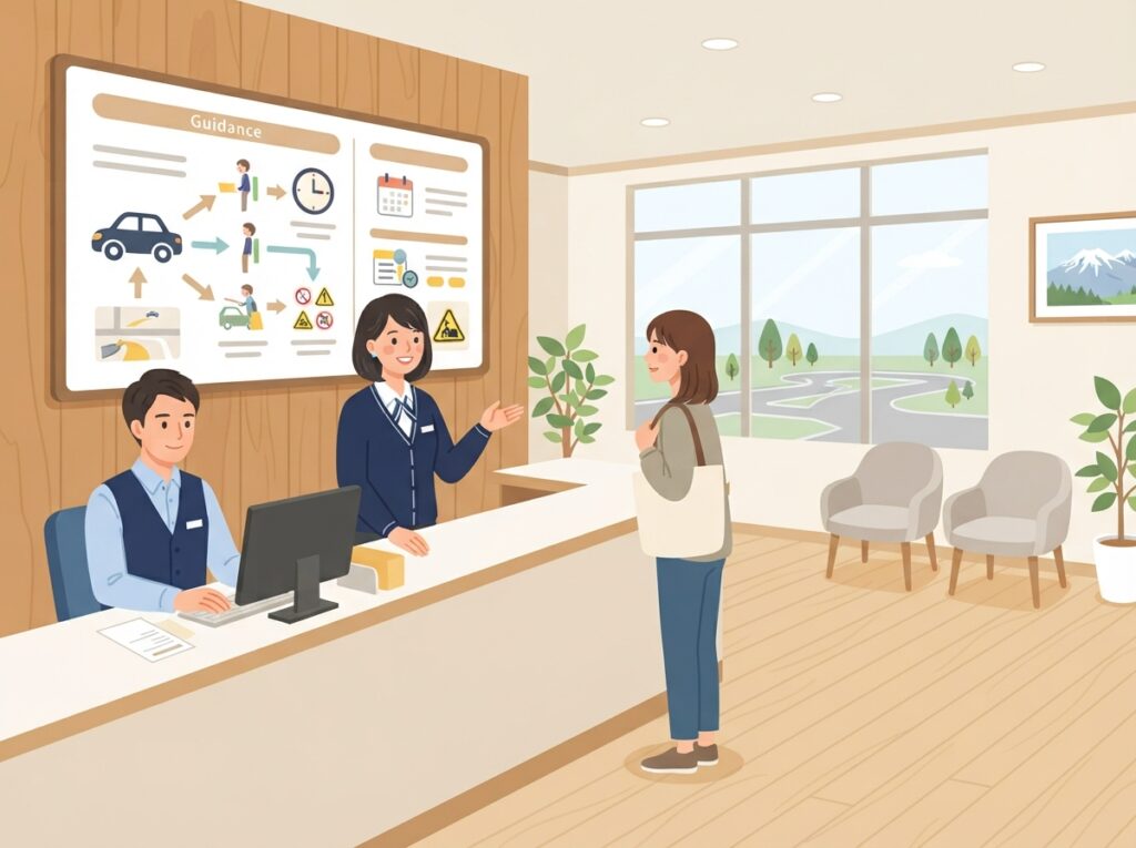 余市自動車学校の受付窓口で教習プランや料金について相談する様子