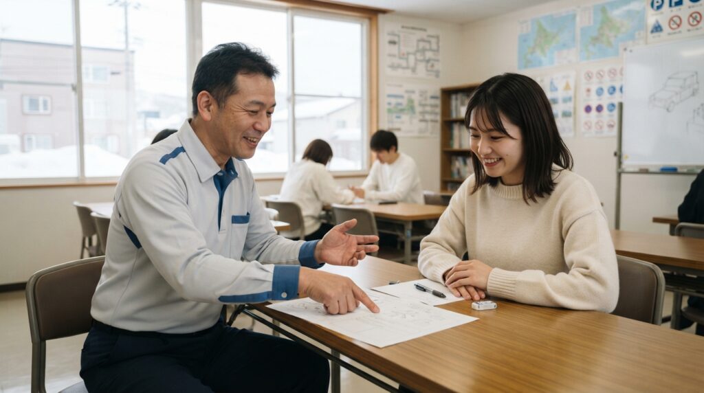 OD式安全性テストとは何かを教習生に説明する余市自動車学校の指導員